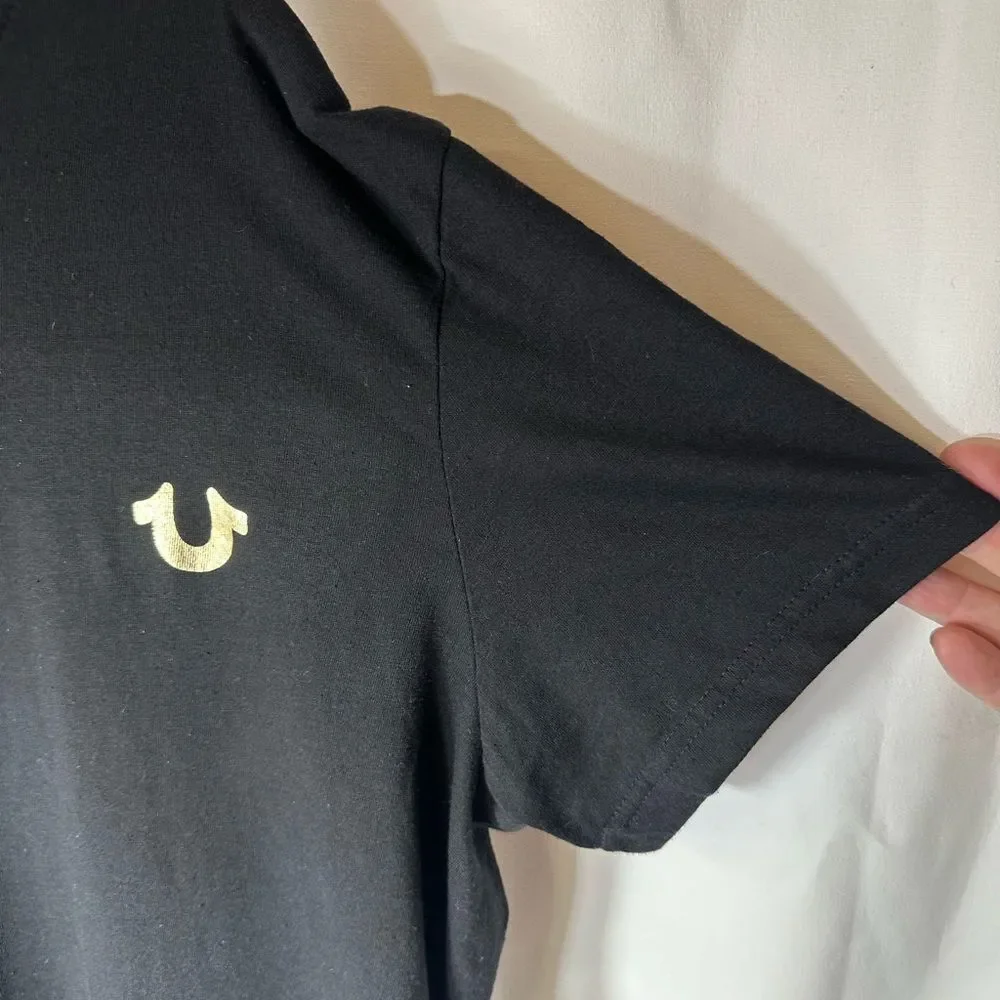 True Religion T-Shirt Gold Horseshoe Logo Black Short Sleeve Tee, Men's Large
